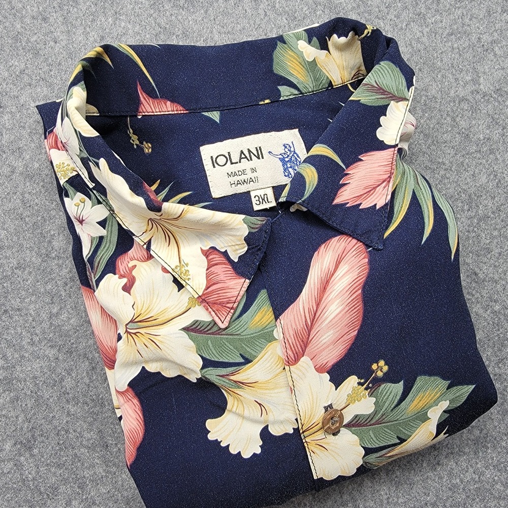Vintage IOLANI Shirt Mens 3XL Blue Rayon Tropical Floral Hawaiian Button Up